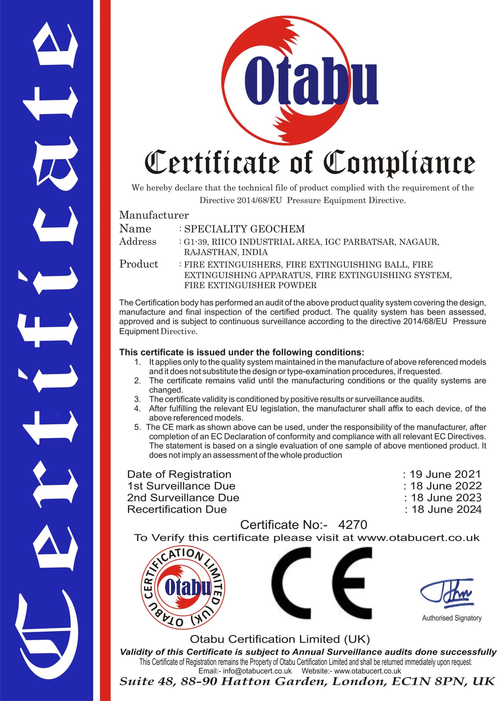 Otabu certificate of compliance issued to Speciality Geochem for fire safety equipment manufacturing