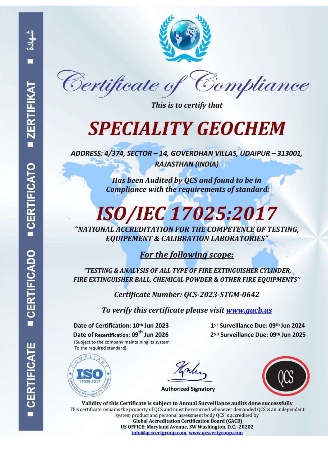 Speciality Geochem ISO/IEC 17025:2017 accreditation certificate for fire extinguisher testing and calibration laboratory
