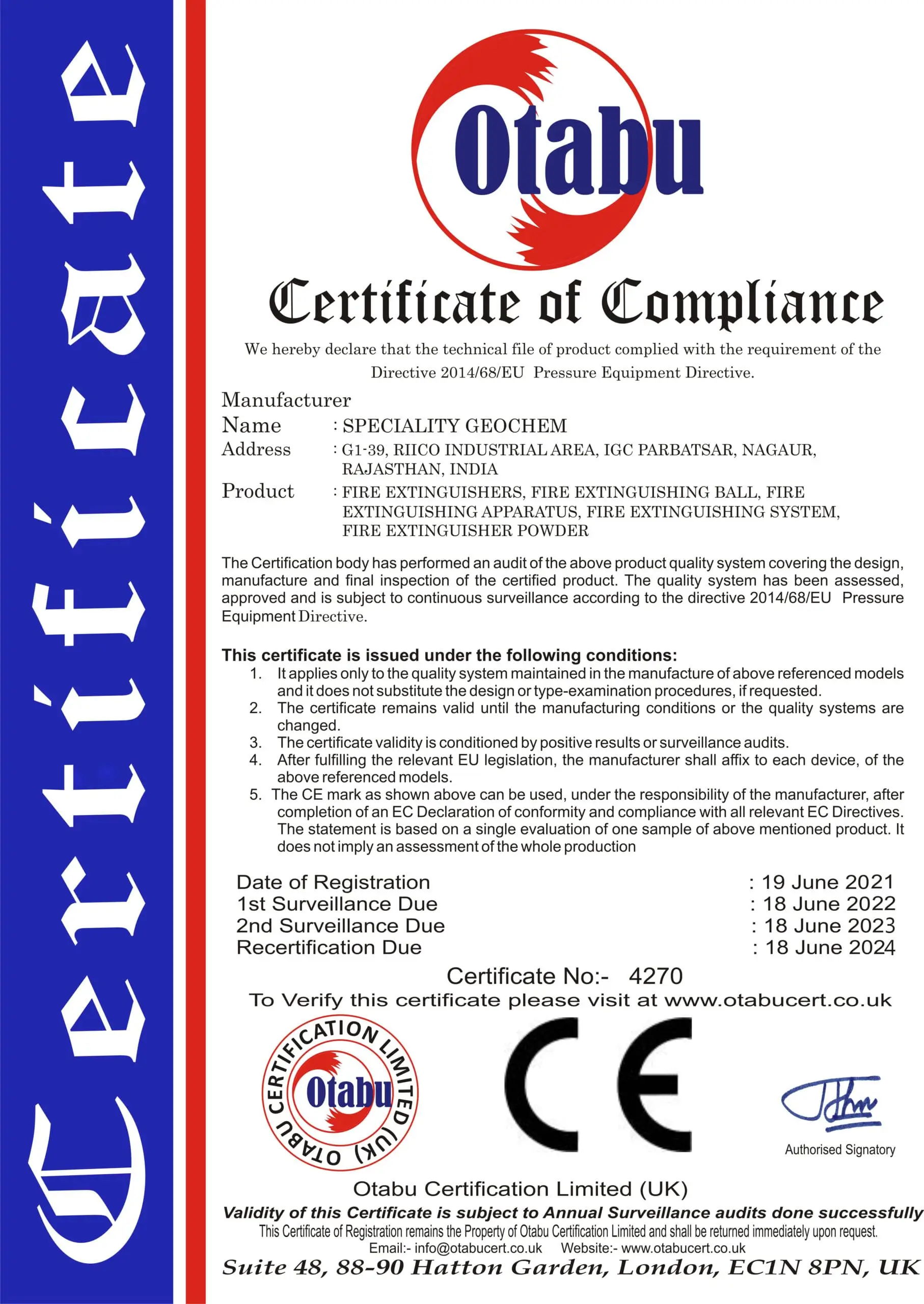 CE compliance certificate of fire extinguisher supplier in India Speciality Geochem export standard certification
