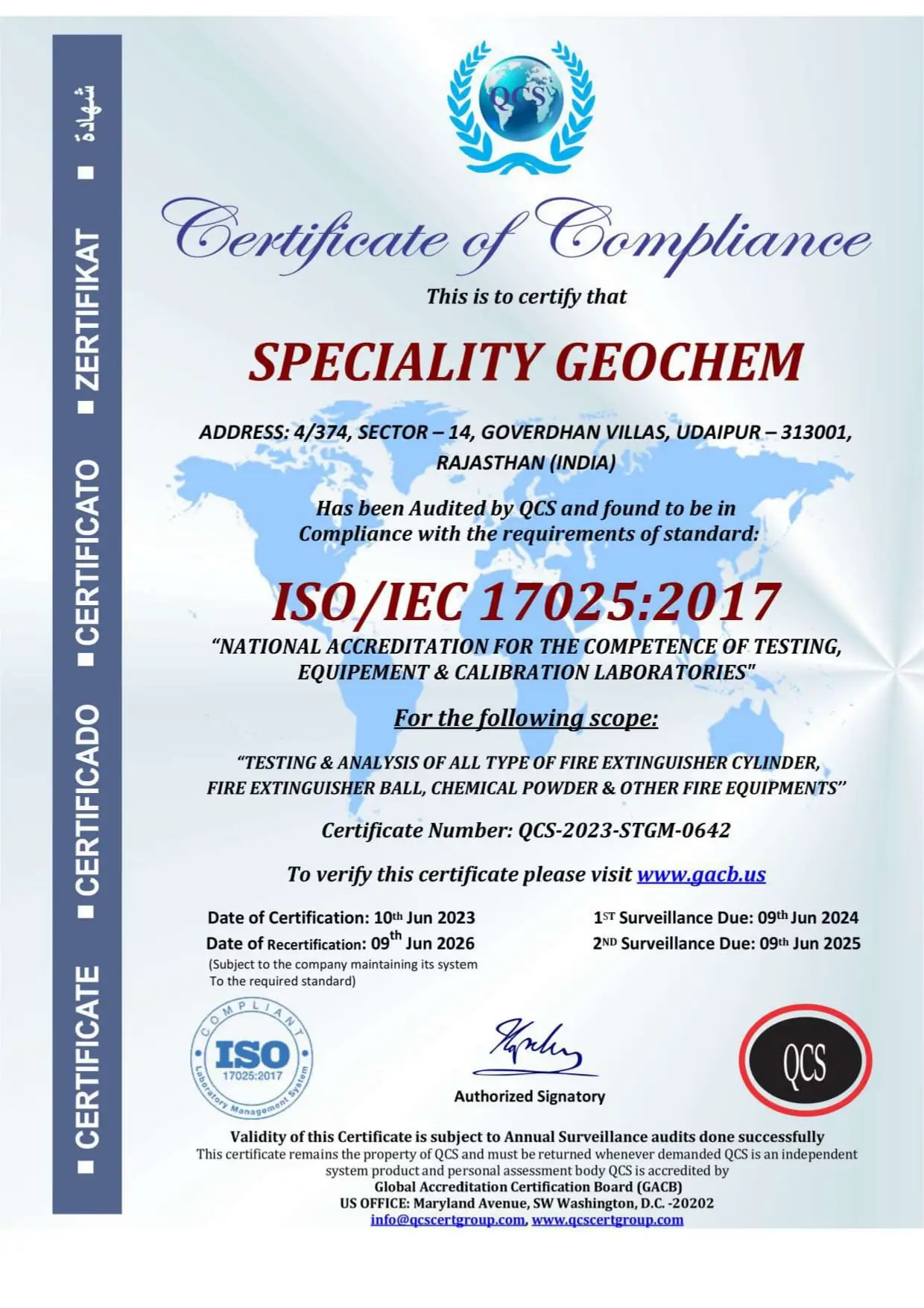 ISO IEC 17025 2017 certification Speciality Geochem fire extinguisher testing laboratory India abc powder fire extinguisher quality testing compliance