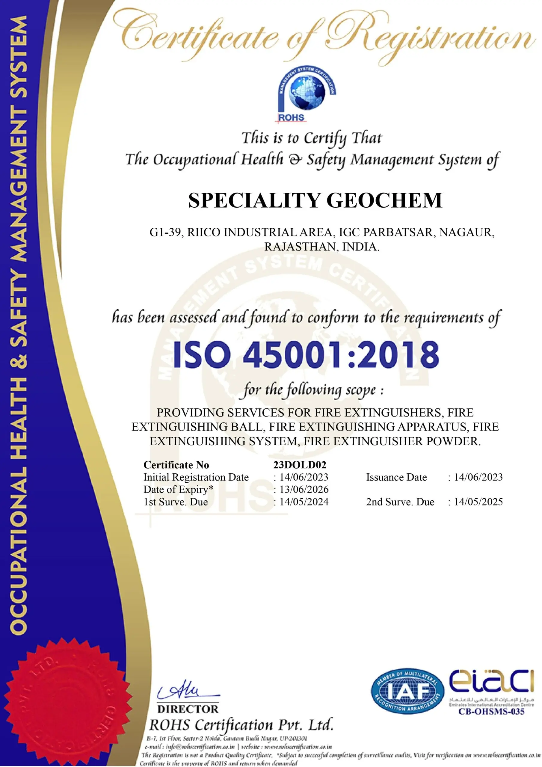 ISO 45001:2018 occupational health and safety certification of fire extinguisher manufacturing company in India