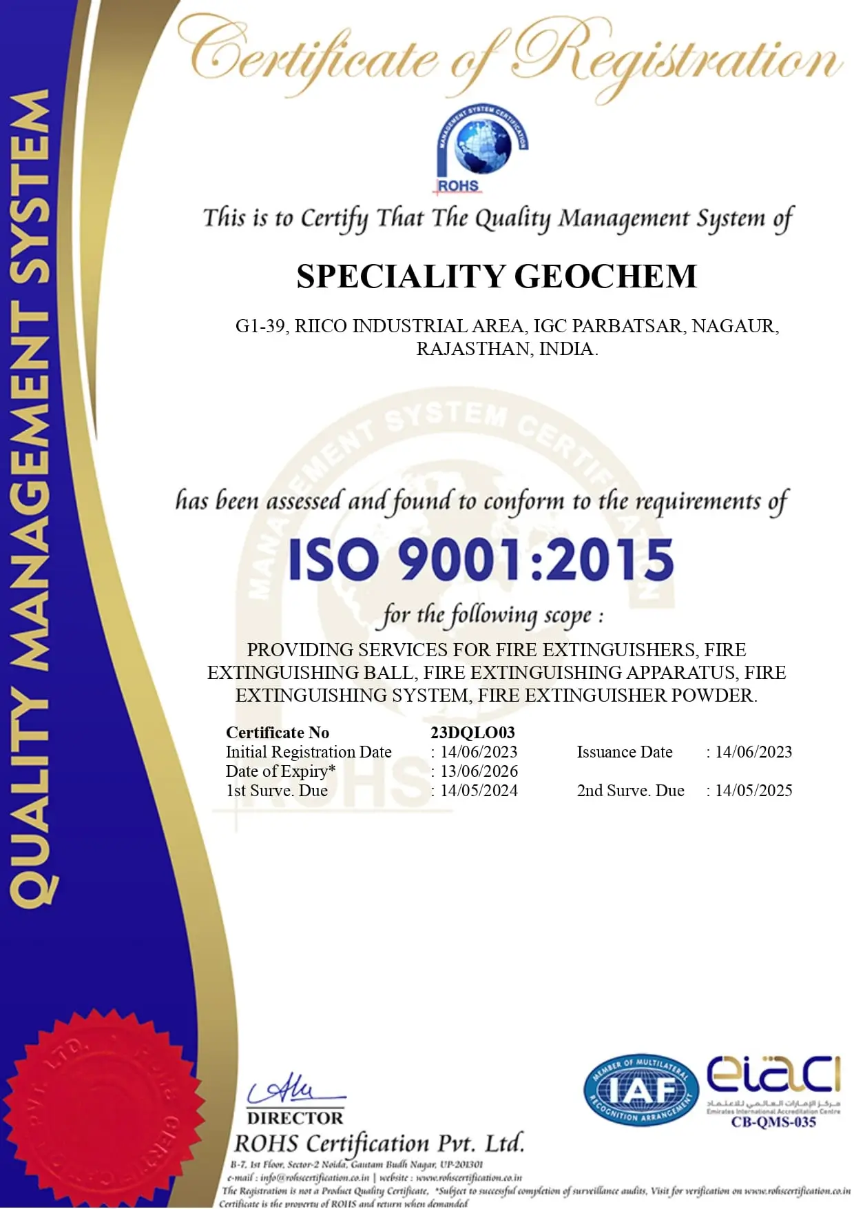 ISO 9001:2015 certified fire safety product manufacturer certificate