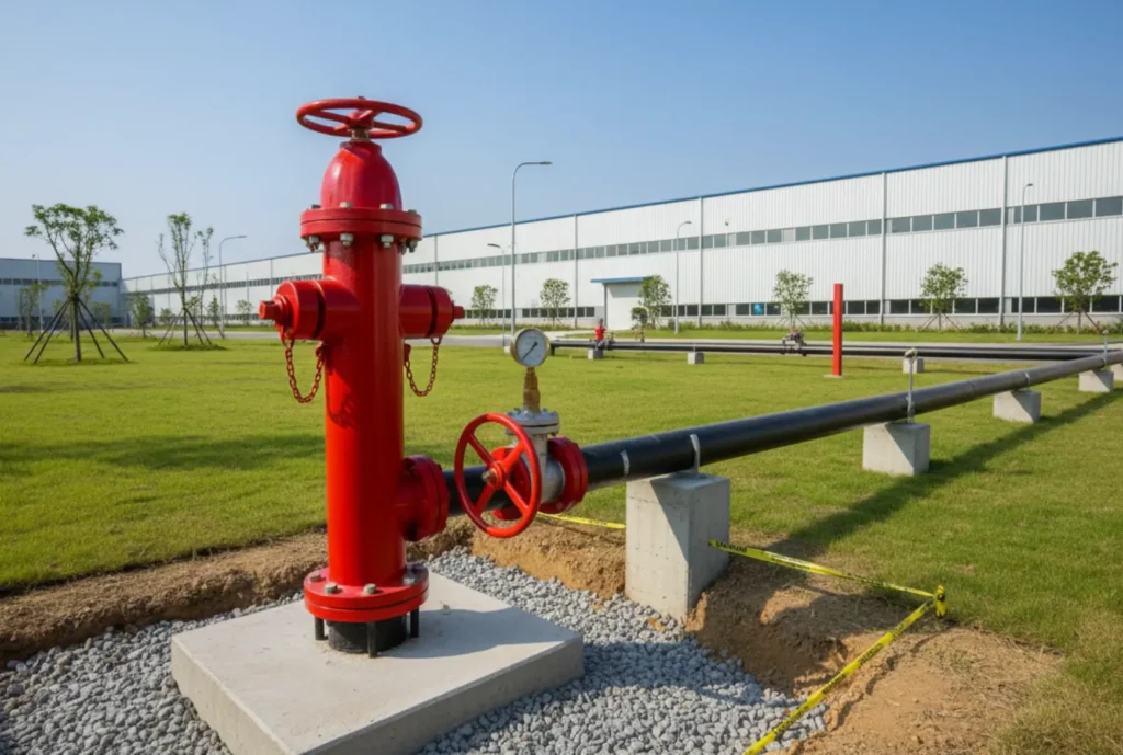 Yard hydrant fire protection system with outdoor pillar hydrant and underground fire main installed at an industrial facility