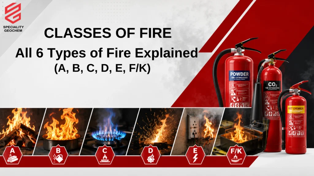 Modern fire safety blog banner showing all 6 classes of fire including Class A wood fire, Class B flammable liquid fire, Class C gas flame, Class D metal sparks, Class E electrical fire, and Class F/K kitchen oil fire with ABC powder, CO₂, and wet chemical fire extinguishers in a professional industrial layout for a classes of fire guide.