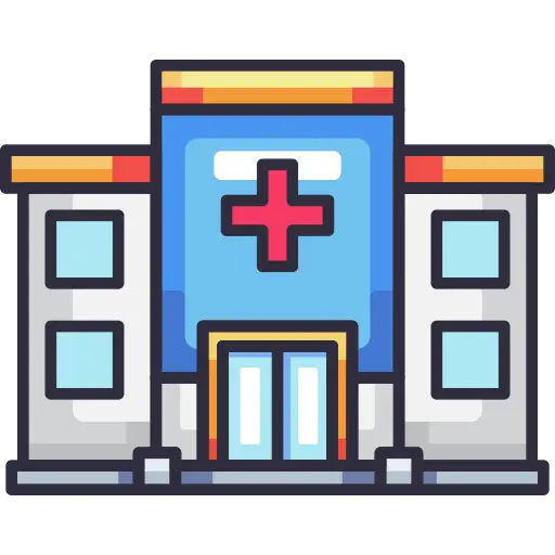 Hospitals and medical centers icon showing CO2 fire extinguisher safe near medical equipment and technical rooms